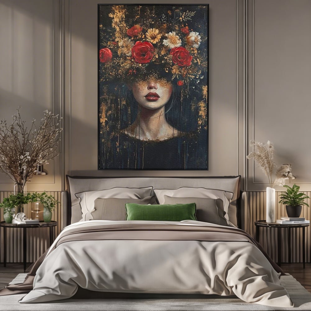 Tablou canvas cu tablou canvas cu portret de femeie si trandafiri rosii, in rama de aluminiu negru, pe perete intr-un dormitor